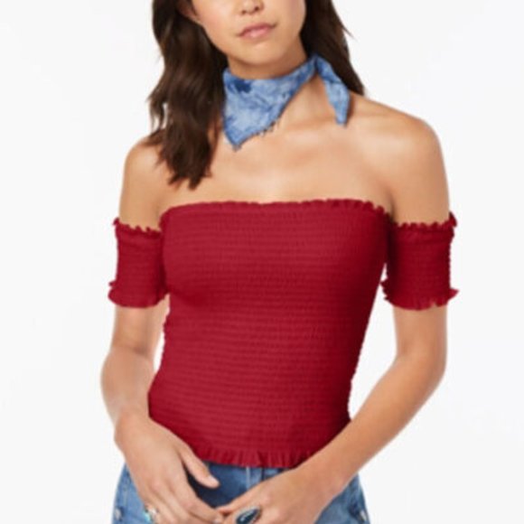 Crave Fame Tops - Crave Fame Red Juniors' Smocked Off-The-Shoulder Crop Top - Size XS